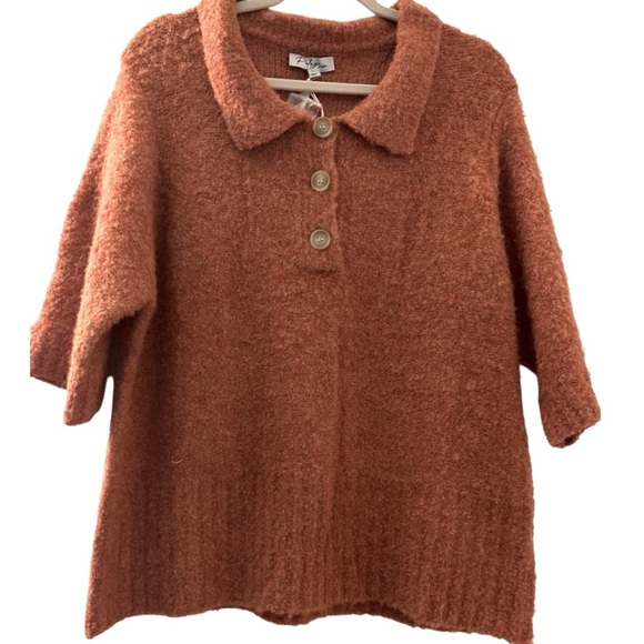 POLAGRAM sweater, terracotta, size Large, soft fuzzy knit. Collared and buttons. - Picture 1 of 9